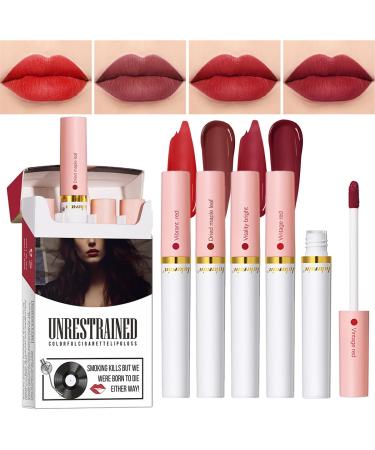 4 Colors Lipstick Matte Liquid Lip Gloss Set Long Lasting & Waterproof Natural Tube Red Lip Gloss Ingredients & Non-Sticky Lip Tint (Set C)