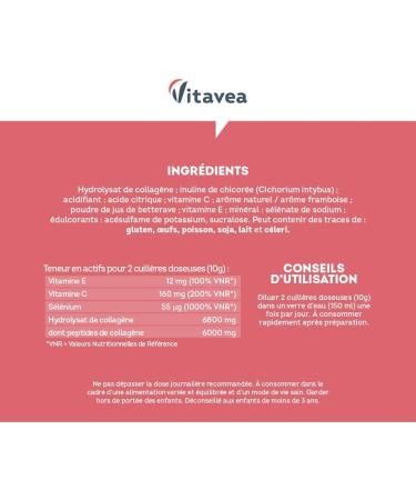 Collagen Powder Raspberry Flavor - 6800mg per day - Hydrolyzed Peptides Types 1 - 2000 Da - Radiance & Youthful Skin - Highly Bioavailable - Made in France - Vitavea - Buy Online on GoSupps.com
