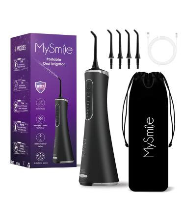 MySmile Water Dental Flosser for Teeth Cordless Oral Irrigator 5 Cleaning Modes 4 Replaceable Jet Tips IPX 7 Waterproof USB Rechargeable Water Dental Picks for Teeth Cleaning with PU Bag Black