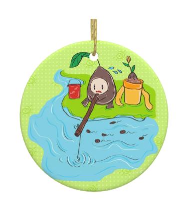 YYHHAOFA Sunflower Seeds Fishing Picture Christmas Ceramic Round Pendant Decoration - Festive Hanging Ornament for Stores and Homes -2.9 in