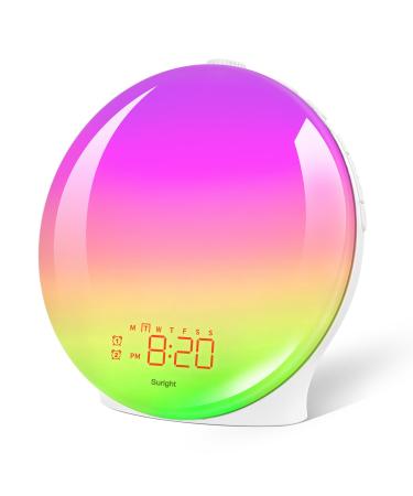 Light alarm clock daylight alarm clock wake up light with double alarms sunrise sunset simulation 20 brightness snooze 19 colors 15 natural noises and FM radio for adults & children white