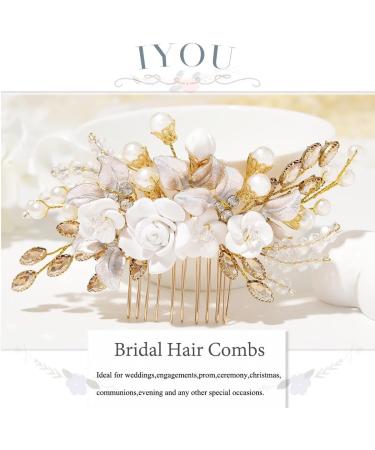 IYOU Flower Bridal Hair Comb Gold Crystal Bride Hair Accessories Leaf Pearl Wedding Side Combs Headpiece for Women - Buy Online on GoSupps.com