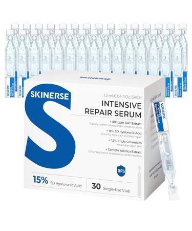 SKINERSE Intensive Repair Serum 15%Hyaluronic Acid for Sensitive Skin Anti Aging Ultra Hydrating Serum for Face Calming Barrier Repair Redness Relief with Ceramides Centella 30Vials Daily Travel Care