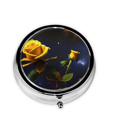 Yellow Roses Starry Nightround Pill Box 3 Compartment Round Pill Box Organizer # Portable Travel Pill Box for Traveling.