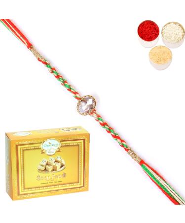 Ghasitaram Gifts Rakhi for Brother Rakhis Online - 6377 Fancy Thread Rakhi with 400 GMS of Soan Papdi