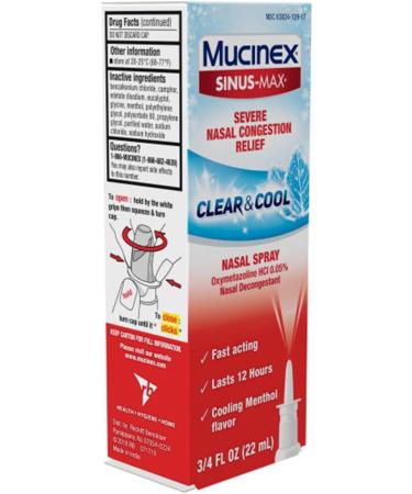 Mucinex Sinus-Max Severe Congestion Relief Clear & Cool Nasal Decongestant Spray- Fast Acting Relief For Sinus Pressure With Cooling Menthol & Oxymetazoline 0.75 oz. (Pack of 2) Packaging May Vary - Buy Online on GoSupps.com