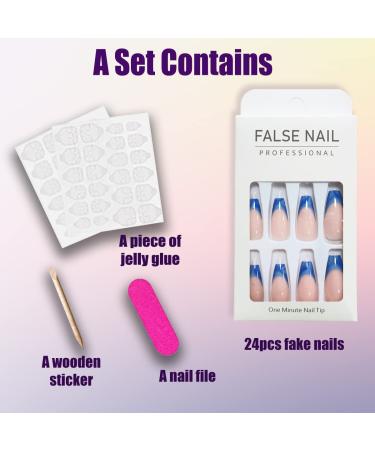 QINGGE Navy Blue French Tip Press on Nails Medium Length Coffin Glossy False Nails - Full Cover Wave Design Acrylic Nails for Women - Buy Online on GoSupps.com
