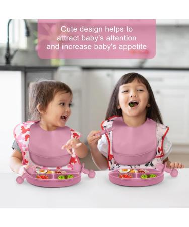 Vicloon Silicone Baby Feeding Set | 4Pcs Weaning Set | Suction Plate, Bib, Spoon & Fork | BPA Free | Toddlers & Kids Divided Plate | Gift - Pink - Buy Online on GoSupps.com