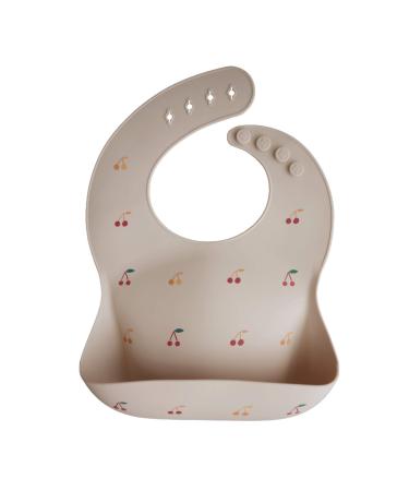 Mushie Baby Silicone Bib | Adjustable Fit Waterproof Bibs | Easy Wipe Baby Feeding Bibs | 4 Adjustable Sizes with Deep Front Pockets | 100% BPA and Phthalate Free Cherries