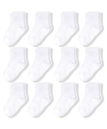 CozyWay Kids Non Slip Cotton Crew Socks Baby Socks Toddler Socks Anti Skid With Grips Striped for Children Toddler Boys & Girls 6-12 Months White 12 Pairs