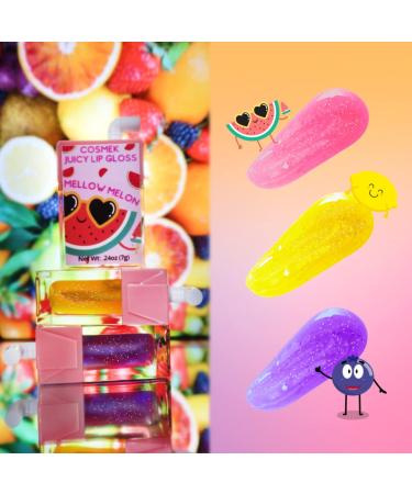 Cosmek Juicy Lip Gloss - Fruit Scented (Watermelon, Lemon, Mixed Berries) | Slight Tint, Glitter Shimmer | Vegan, Cruelty-Free, Gluten-Free | Made in USA - Great for Gifts, Stocking Stuffers, Party Favors - Buy Online on GoSupps.com
