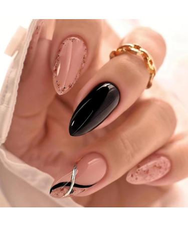 JUSTOTRY 24 Pcs Black Wavy Stiletto False Nails Short Nude French Press on Nails Pattern Pretty Fake Nails Short with Nail Glue Almond Stick on Nails for Women Nails Fake Nail for Nails Art Black&nude1 - Buy Online on GoSupps.com