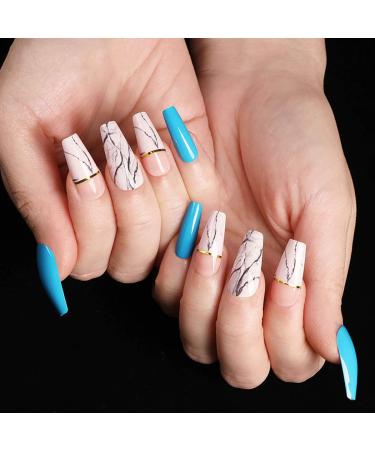 Sethexy Long Blue Ballerina Faler Nail White Korn Sarg False Fingernails Glossy 24st Acrylic Art nail tips for women and girls