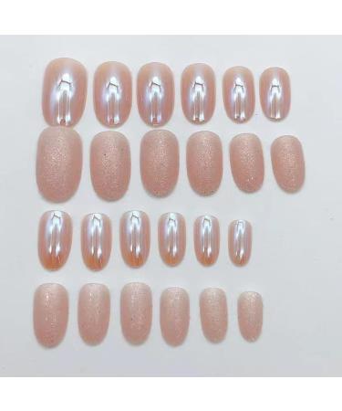 Almond Press on Nails - Short Round Chrome Gloss Fake Nails with Glitter - 24pcs Acrylic Artificial Stick On Nails for Women - Buy Online on GoSupps.com
