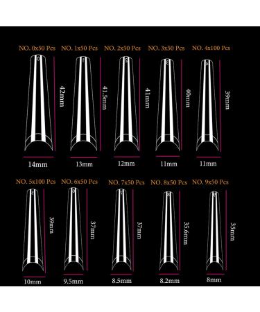 XXL Extra Long Coffin Nail Tips - 600pc Clear Half Cover Fake Nails for Salon, 10 Sizes - Buy Online on GoSupps.com