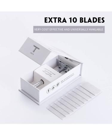 Single Blade Safety Razor - Premium Metal Razor for Men & Women with 10 Stainless Steel Blades - Silver Finish - Buy Online on GoSupps.com