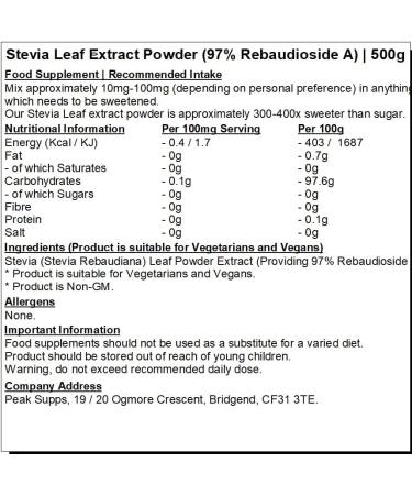 Stevia Leaf Extract Powder 500g | 97% Rebaudioside A | Natural PLant Based Sweetener | Steviosides - Buy Online on GoSupps.com