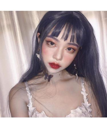 Long Straight Wig with Air Bangs - Realistic Natural Hair in Blue Gray & Creamy White | Perfect for Women | Full Head Style - Buy Online on GoSupps.com