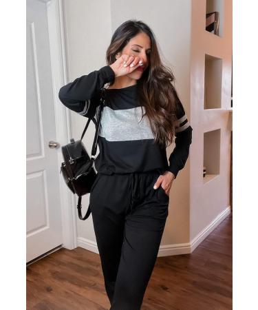 PRETTYGARDEN Women's Color Block 2 Piece Tracksuit Set - Crewneck Long Sleeve Top & Sweatpants Lounge Outfit in Black - Size Medium - Buy Online on GoSupps.com