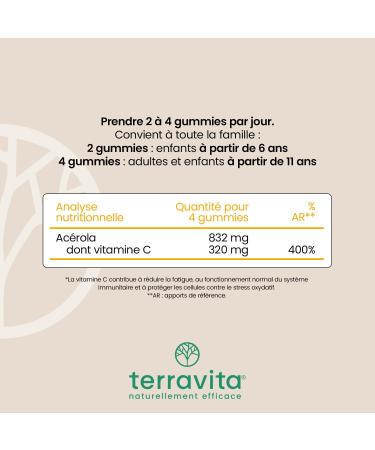 Gummies VITAMINE C Ac rola | Enfants & Adultes | 1 Gummy 100% des AR | Energie - Tonus - Immunit | 60 Gummies sans Sucre | Ar me Naturel Orange | Vegan et sans G latine | Made in France | Terravita - Buy Online on GoSupps.com