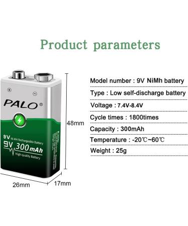 Tenberly 9V Rechargeable Battery 4 Pack 9 Volt Nimh Rechargeable Battery 300mah 6F22 Batteries - Buy Online on GoSupps.com