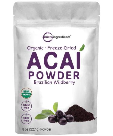 Organic Freeze-Dried Acai Powder 8oz, Sustainably Grown in Brazilian Amazon, 100% Pure Berry Pulp, Raw, Bulk, No Filler, No additives, Great for Acai Bowls, Yogurt, Smoothies, and More