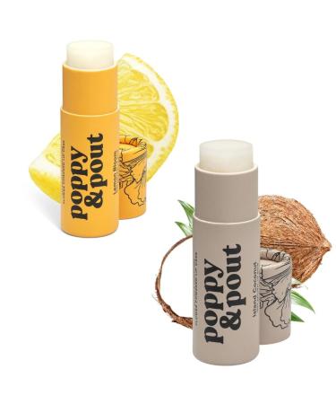Poppy & Pout Jumbo Lip Balm 2 Pack All Natural Lip Balms & Moisturizers Hydrates with Beeswax Vitamin E Organic Coconut Island Coconut & Lemon Bloom