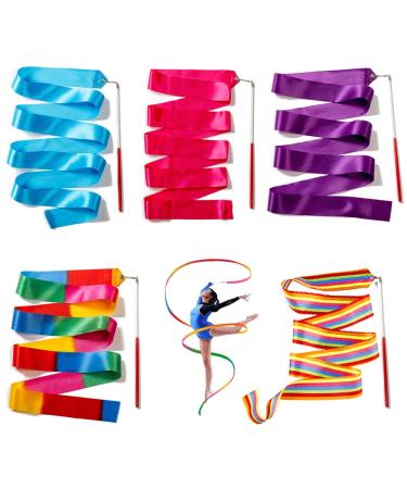 Ceqiny 5pcs Dance Ribbons with Wand 2 Meters Rhythmic Gymnastic Ribbon Rainbow Streamers Dance Streamer Rhythm Sticks Art Ribbon Perfect for Talent Shows Kids Art Dance Baton Twirling, Assorted Color