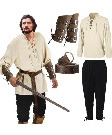Occin Medieval clothing men - 5 pieces men renaissance costume set men's medieval shirt viking costume lace -up men long medieval with pants belt wrist belt accessories