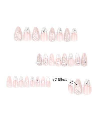 24 Pcs French Tip Press on Nails - Acrylic Medium Fake Nails with 3D Bow & Heart Charms | Stiletto & Almond Shape - Full Cover & Reusable for Women & Girls - Buy Online on GoSupps.com