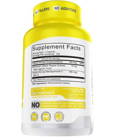 Immune System Support Vitamin K2 (MK7) + D3 5000 IU with Bioperine | 120 Vegetarian Capsules | Strong Bones & Heart Health | Tiny Easy-to-Swallow Formula - Buy Online on GoSupps.com