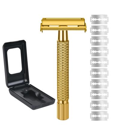 Uraqt razor plane men 2-page blade head safety razor stainless steel wet razor vintage of high-quality razor planes with 10 razor blades travel etui and built-in mirror (gold)