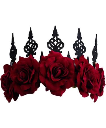 Gothic Flower Crown Headband Rose Hairband Bridal Floral Garland Headpiece Hair Wreath Women Girls Boho Flower Tiara Hair Accessories for Wedding Cosplay Dancing Party Costume Headwear Wine Red - Buy Online on GoSupps.com