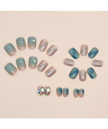 24Pcs Glossy Green Rhinestone French Tip False Nails - Reusable Acrylic Full Cover Stick on Nails - Buy Online on GoSupps.com