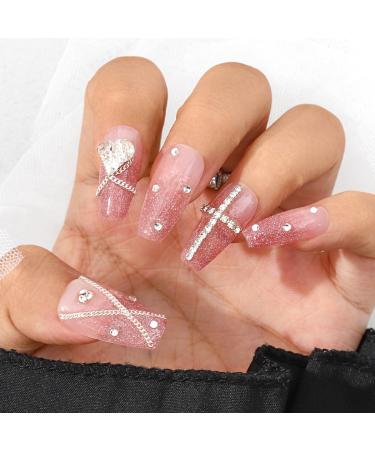 Sethexy Long Coffin False Nails - Handmade Color Gradient & 3D Crystal Heart Chain - Press-On Acrylic Nails for Women & Girls - Buy Online on GoSupps.com