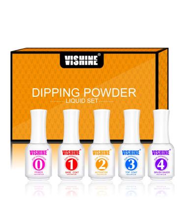 Vishine Dip Powder Liquid Set Coating, Bond Primer, Base Top Coat, Activator and Brush Saver 5pcs for Dip Powder Nail Kit Natural Dry Nail Art Long-lasting and Shinning 14ml