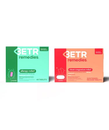 BETR REMEDIES Allergy Relief Bundle - Allergy Relief Medicine + Chest Decongestant - Max Strength Expectorant & Diphenhydramine for Sneezing Runny Nose Itchy & Watery Eyes - 2 Packs
