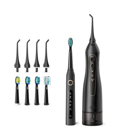 Toothbrush and Water Flosser, Teeth Cleaner Set, 5 Optional Modes and 4 Brush Heads Whitening Toothbrushes, 3 Modes and 4 Jet Tips Oral Irrigator, 4 Hours Charge for 30 Days Use (Black)