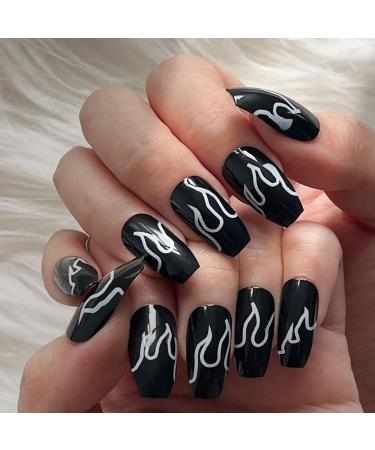 Sethexy flame false nail medium ballerina wrong fingernails black press on nails 24st glossy acrylic nails stick for women and girls