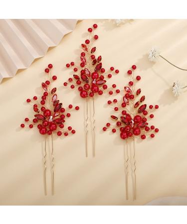 Chargances Bride Red Pearl Beaded Hair Pins Wedding Red Crystal Hair Pins Boho Dainty Handmade Hair Accessories for Women and Girls (Red)