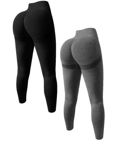 OQQ Women's 2 Piece Butt Lifting Yoga Leggings Workout High Waist Tummy Control Ruched Booty Pants Black Grey Medium