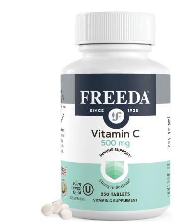 FREEDA Vitamin C - Vegan Vitamin C 500mg - Kosher - Powerful Antioxidant Immune Support - Easy to Swallow Vitamins C Tablets as Ascorbic Acid - Pure Vitamin C 500 mg - VIT C Supplement (250 Count) 250 Count (Pack of 1)
