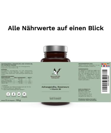 Ashwagandha Capsules with Rose Root & Vitamin B6 | 270 Vegan Capsules - Natural Sleep Support - No Additives - Lab Tested - Made in Germany | Balanced Vitality - Buy Online on GoSupps.com