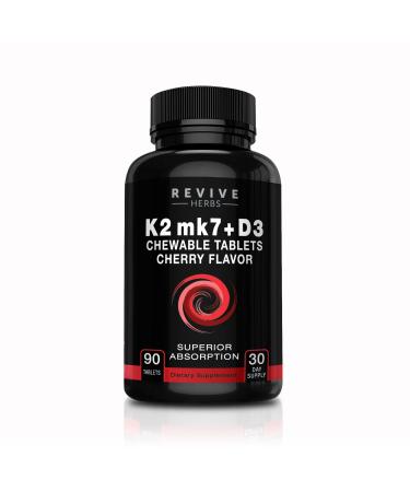 Revive Herbs Vitamin K2 D3 - Cherry Flavored Chewable Tablets for Superior Calcium Absorption - Supports Bone & Cardiovascular Health - Serving Size K2 mk7 225 mcg D3 6000 IU - Vitamin D3 K2