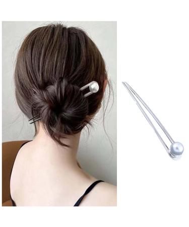 Dervivea French Pearl Hair Pins Silver U-Shape Hair Stick Hair Pin White Pearl Hair Fork Pins Minimalist Metal Updo Sticks Bun Decorative Hair Accessories for Women