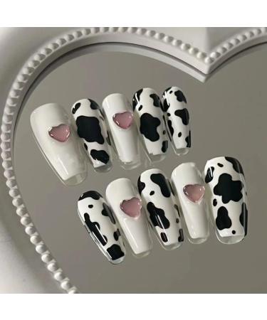 Temperament Enhancement Nail Patch Hand-Worn Nail Black-and-White Cow Pattern Three-Dimensional Love Diamond Manicure Versatile Fashion Student Short Paragraph (10-Piece Pack) (Size : S) Small