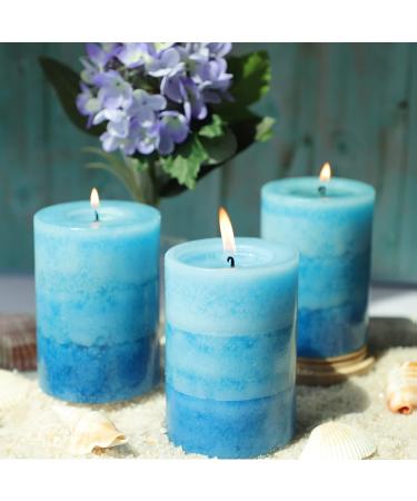 Pillar Candles Ocean Scented, Immeiscent Aromatherapy Candles, 50+ Hours Burn Long Lasting, Blue Mottled Layered Candles for Home Scented, SPA, Restaurant, Set of 3(Dia:3XH:4”) 3"X4"