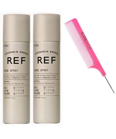 Comb + Reference of Sweden R.E.F. Stockholm 050 SHINE SPRAY Extra Gloss Hairspray for Shiny Hair (PACK OF 2) (w/PINK Argan-Infused Rat Tail Comb) (Shine Spray (5.07 oz) - PACK OF 2) 050 Shine Spray (5.07 oz) - PACK OF 2