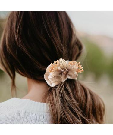 Brinie Champagne Flower Hair Scrunchies - Handmade Bead & Rhinestone Hair Ties for Women & Girls - Buy Online on GoSupps.com