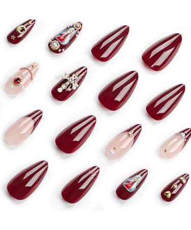 Buy 24 Pcs Claret Press-On Nails - Short Almond SHANRUN 5D Rhinestone Charms Glossy Gel Full Cover Acrylic Nail Tips Kit with File & Glue - Design A13 - Buy Online on GoSupps.com